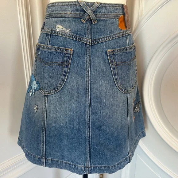 Coach Blue 100% Cotton Denim Patchwork ButtonUp Skirt Sequin Embroidery (Size 4) - Picture 7 of 13